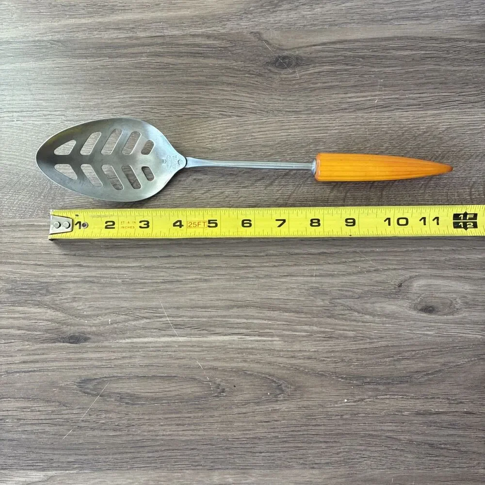 Vtg Androck Slotted Serving Spoon, Catalin Bullet Handle Stainless, USA, 1930s